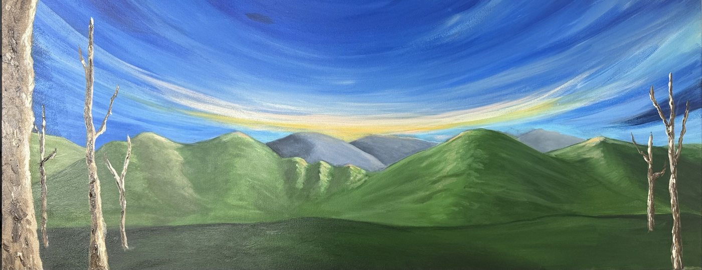 Blue sky and green mountains painting