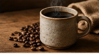 Warm cup of coffee with roasted beans on a wooden table